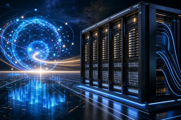 Futuristic server rack data center with glowing network globe and blue circuit lines at night.