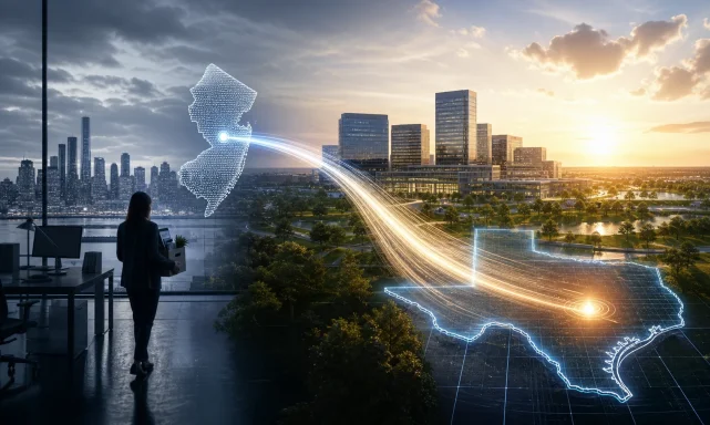 Woman at a window overlooks a modern city at sunset with glowing data-network lines and a map hologram.
