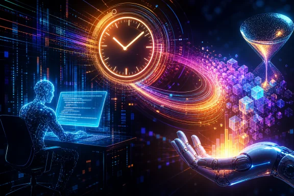 Futuristic AI figures and glowing data streams form a clock and hourglass over a neon city. Futuristic AI figures and glowing data streams form a clock and hourglass over a neon city.