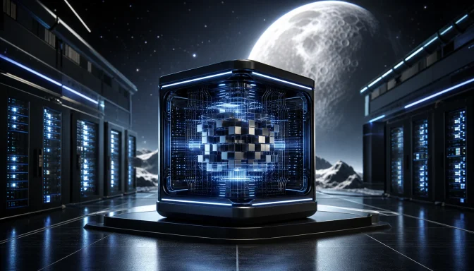 Futuristic server cube in a neon data center with a glowing moon above the mountains. Futuristic server cube in a neon data center with a glowing moon above the mountains.