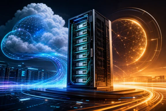 Dual-tone data server rack with blue and orange holographic global networks and glowing light trails.