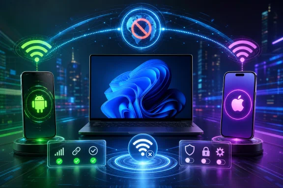 Futuristic cybersecurity setup with laptops, phones, Wi‑Fi shields, and global no-access icon in a neon city. Futuristic cybersecurity setup with laptops, phones, Wi‑Fi shields, and global no-access icon in a neon city.