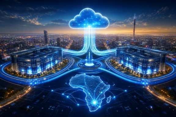 Futuristic city skyline at dusk with glowing cloud and Africa network hologram in blue light. Futuristic city skyline at dusk with glowing cloud and Africa network hologram in blue light.