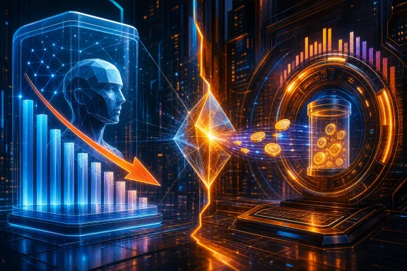 Futuristic AI finance scene with a digital face, glowing data, and a coin-filled vault in a neon city. Futuristic AI finance scene with a digital face, glowing data, and a coin-filled vault in a neon city.