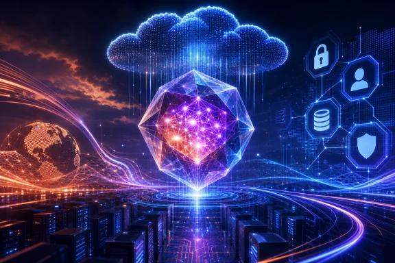 Glowing cloud and data diamond over a server city, with network security icons and light trails. Glowing cloud and data diamond over a server city, with network security icons and light trails.