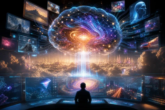 Futuristic control room with a glowing AI brain overlay and networked holographic screens above clouds. Futuristic control room with a glowing AI brain overlay and networked holographic screens above clouds.