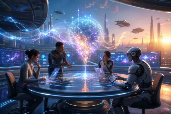 Futuristic team in a control room discusses AI data as a glowing digital network sphere floats overhead. Futuristic team in a control room discusses AI data as a glowing digital network sphere floats overhead.