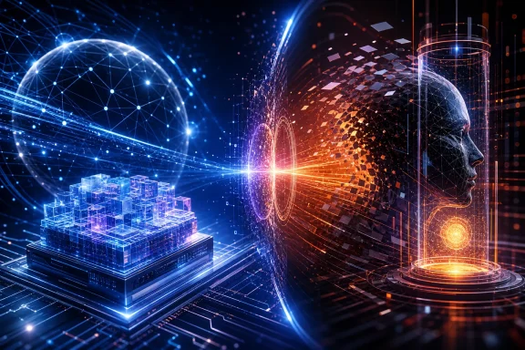Futuristic split scene shows digital globe and glowing AI head with glowing data cubes and circuits. Futuristic split scene shows digital globe and glowing AI head with glowing data cubes and circuits.
