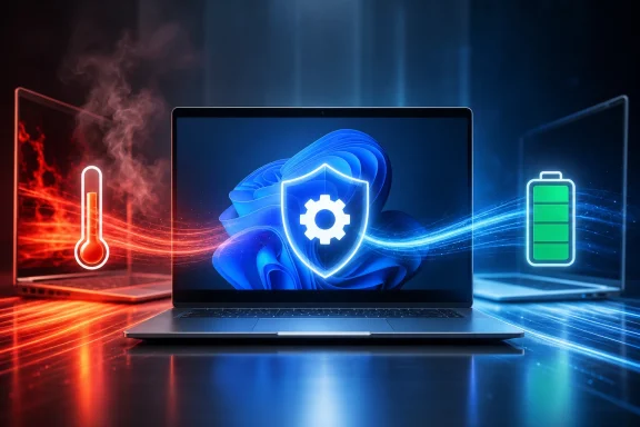 Laptop screen shows a blue cybersecurity shield with hot and cold temperature indicators and battery icons. Laptop screen shows a blue cybersecurity shield with hot and cold temperature indicators and battery icons.