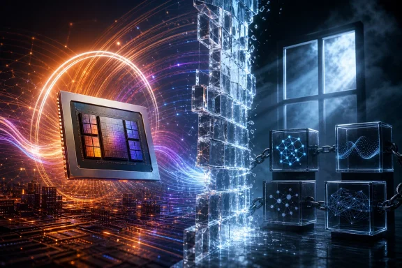 Futuristic network visualization with glowing data streams, a circuit display, and chained blockchain cubes. Futuristic network visualization with glowing data streams, a circuit display, and chained blockchain cubes.