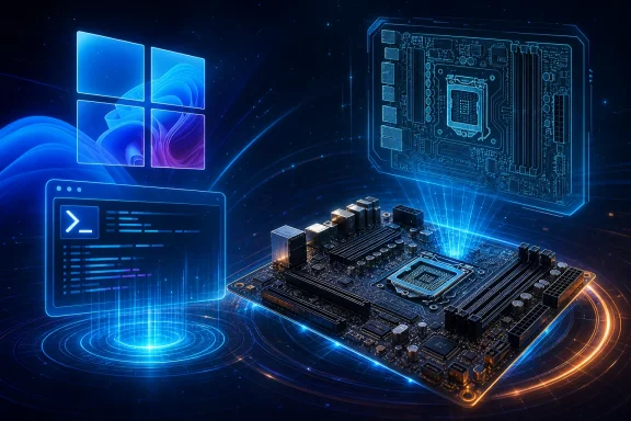 Futuristic computer motherboard with glowing UI, Windows logo, and circuit-board holograms in blue light. Futuristic computer motherboard with glowing UI, Windows logo, and circuit-board holograms in blue light.