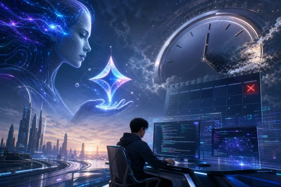 Futuristic coder in a control room faces a glowing digital woman and cosmic time clock above city skyline.