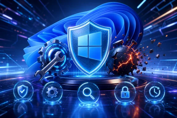 Futuristic blue cybersecurity shield with Windows logo, gear, globe, and glowing security icons. Futuristic blue cybersecurity shield with Windows logo, gear, globe, and glowing security icons.