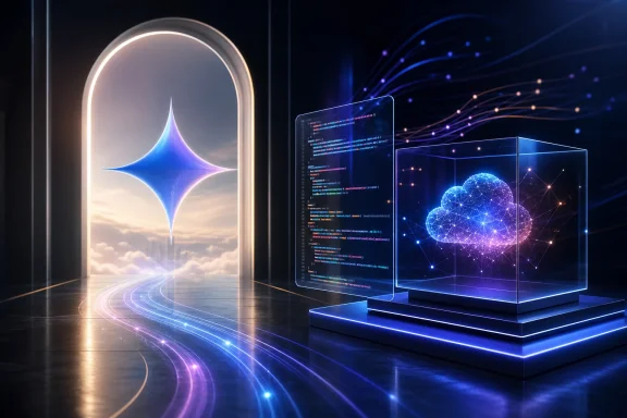 Digital data cube with glowing code and a cloud network icon in a futuristic blue server room scene.