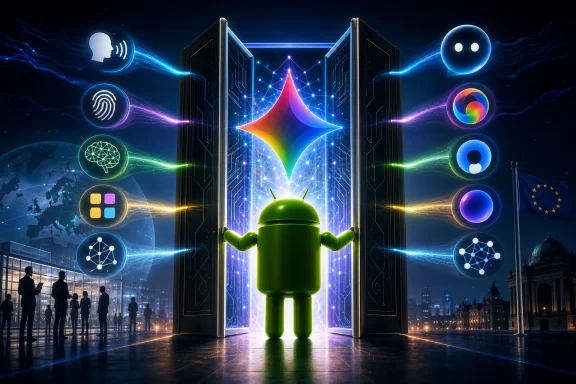 Android robot in a glowing digital portal flanked by network and tech icons. Android robot in a glowing digital portal flanked by network and tech icons.