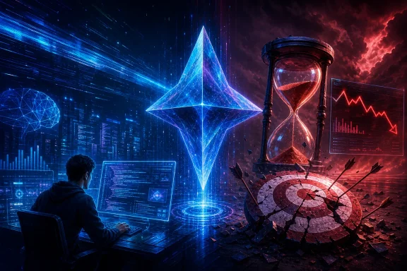 A lone coder watches futuristic holograms as a glowing hourglass and shattered target explode between worlds.