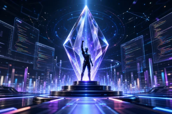 Futuristic AI avatar stands on a glowing platform beneath a radiant diamond in a cyber data center. Futuristic AI avatar stands on a glowing platform beneath a radiant diamond in a cyber data center.
