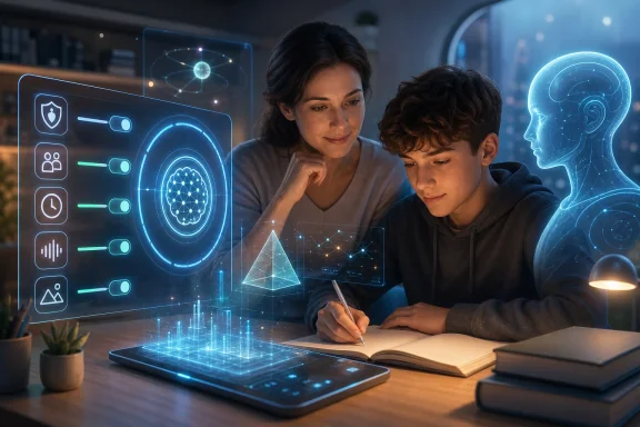 Woman and teen study at a desk with futuristic holographic AI interfaces and a glowing head-profile graphic.
