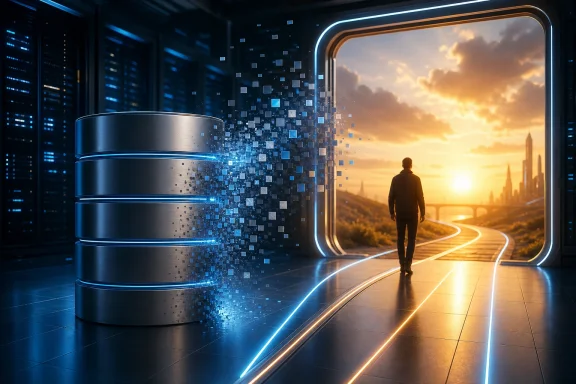 A lone figure walks through a glowing server-room doorway into a futuristic sunset city. A lone figure walks through a glowing server-room doorway into a futuristic sunset city.