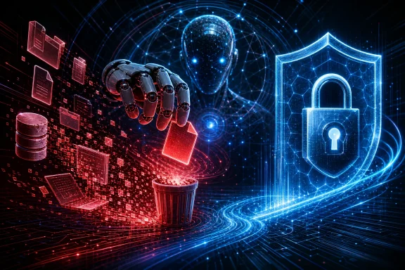 Futuristic AI robot arms over glowing server data, with a bright blue digital lock protecting the network. Futuristic AI robot arms over glowing server data, with a bright blue digital lock protecting the network.
