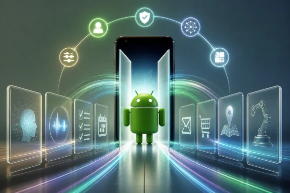 Abstract tech illustration with Android robot in a glowing digital tunnel of icons and cloud connectivity. Abstract tech illustration with Android robot in a glowing digital tunnel of icons and cloud connectivity.