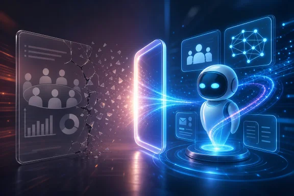 Futuristic blue robot presenting digital analytics on glowing screens beside a cracked data display. Futuristic blue robot presenting digital analytics on glowing screens beside a cracked data display.