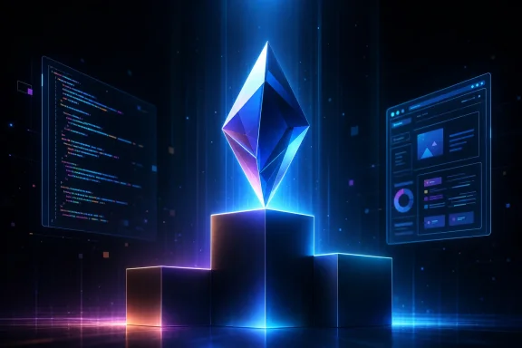 Futuristic blue Ethereum logo hovering above glowing cubes with code-like screens in the background. Futuristic blue Ethereum logo hovering above glowing cubes with code-like screens in the background.