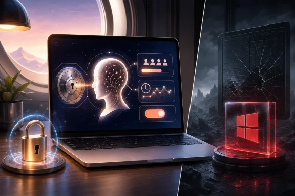 Two laptops show digital lock and security analytics with glowing red firewall on stormy backdrop. Two laptops show digital lock and security analytics with glowing red firewall on stormy backdrop.
