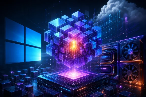 Futuristic cloud data cube made of glowing blocks and network lines beside computer server hardware. Futuristic cloud data cube made of glowing blocks and network lines beside computer server hardware.