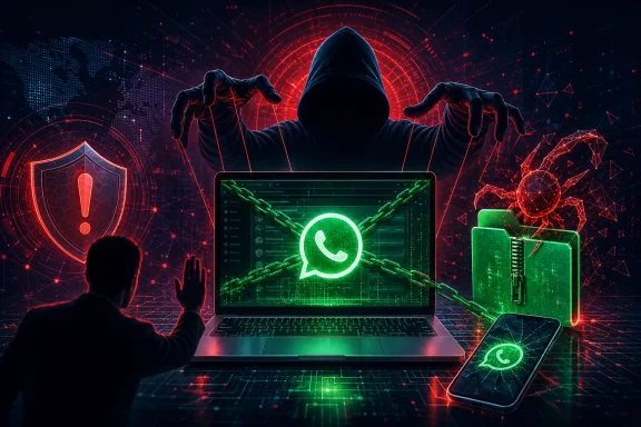 Hacker in hooded cloak with glowing shield and WhatsApp message on a laptop amid cyber network hacking visuals. Hacker in hooded cloak with glowing shield and WhatsApp message on a laptop amid cyber network hacking visuals.