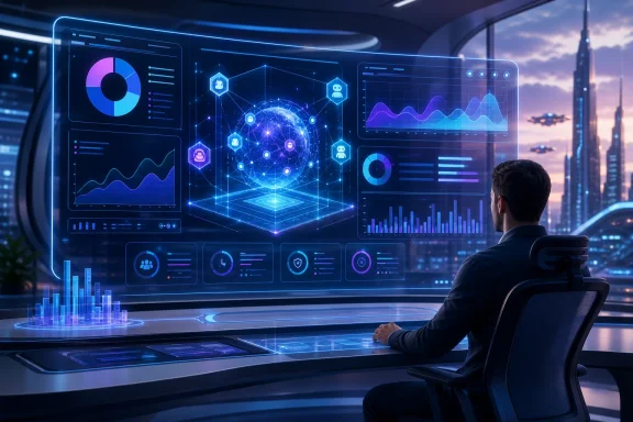 A businessman monitors holographic AI analytics and data dashboards in a futuristic control room. A businessman monitors holographic AI analytics and data dashboards in a futuristic control room.
