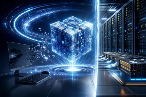 Futuristic data center with glowing server racks sending a cube of digital data through space. Futuristic data center with glowing server racks sending a cube of digital data through space.