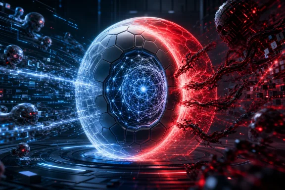 Futuristic soccer ball with glowing blue/red network energy swirling around in a sci‑fi lab arena. Futuristic soccer ball with glowing blue/red network energy swirling around in a sci‑fi lab arena.