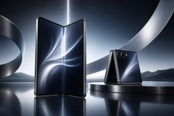Futuristic smartphones with sleek metallic design displayed on a reflective pedestal.