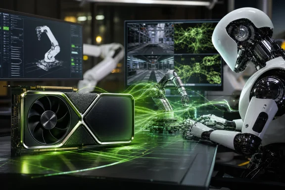 AI lab scene with a GPU and humanoid robot generating green holographic data networks. AI lab scene with a GPU and humanoid robot generating green holographic data networks.