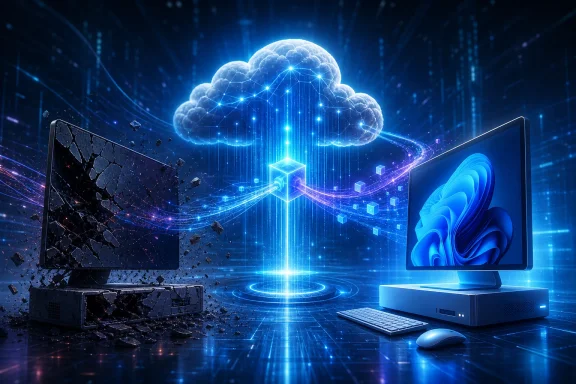 Blue digital cloud computing scene connecting two monitors amid flying data cubes and network lines.