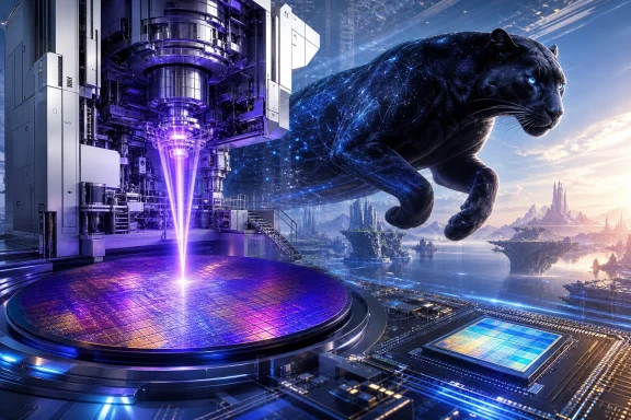 Futuristic lab machine emits a purple beam as a glowing black panther leaps through a sci‑fi cityscape. Futuristic lab machine emits a purple beam as a glowing black panther leaps through a sci‑fi cityscape.