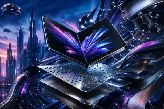 Futuristic smartphone screens sprouting purple light from a metallic platform beside a sci‑fi city skyline.