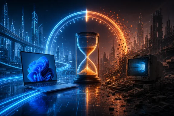 Futuristic city scene with a laptop and hourglass, bridging blue and fiery orange computing timelines. Futuristic city scene with a laptop and hourglass, bridging blue and fiery orange computing timelines.