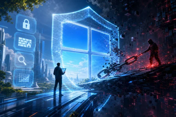 Futuristic city scene with a holographic window, glowing data icons, and a cyber-attack debris explosion.
