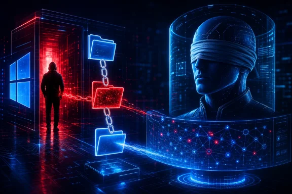 Hacker in neon holographic network with red/blue linked folders and a cyber AI head.