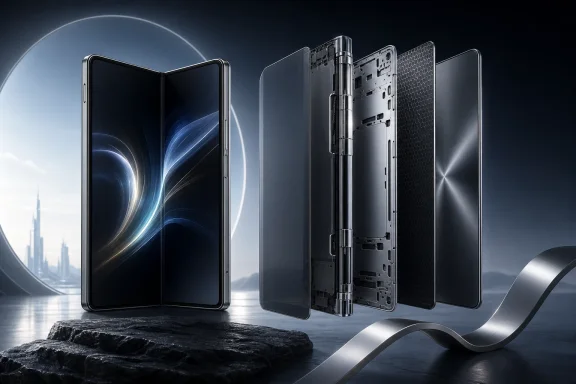 Futuristic lineup of folded smartphones with sleek metal hinges on a dark cityscape background.