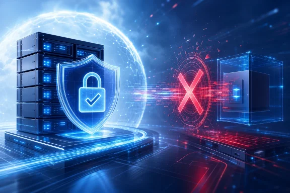 Futuristic server racks guarded by a glowing blue shield, with a red warning X in digital cyberspace.