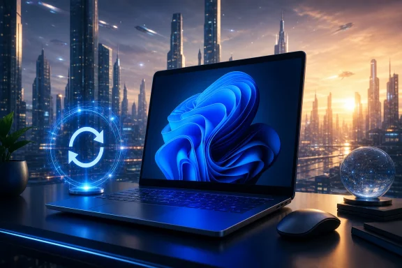 Futuristic blue laptop in a city skyline at sunset with cloud icons for secure data backup and recovery. Futuristic blue laptop in a city skyline at sunset with cloud icons for secure data backup and recovery.