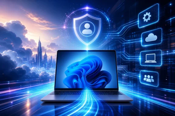 Glowing cybersecurity shield over a laptop with connected cloud, apps, and network icons in a futuristic cityscape. Glowing cybersecurity shield over a laptop with connected cloud, apps, and network icons in a futuristic cityscape.