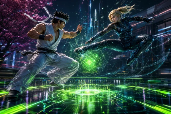 Two futuristic fighters clash on a glowing city arena floor amid neon energy and fireworks. Two futuristic fighters clash on a glowing city arena floor amid neon energy and fireworks.