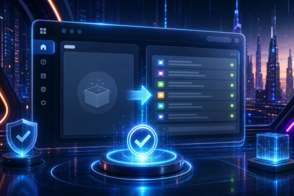 Futuristic cloud dashboard with secure server icons, checkmarks, and glowing data-transfer arrow over city skyline. Futuristic cloud dashboard with secure server icons, checkmarks, and glowing data-transfer arrow over city skyline.