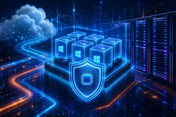 Glowing server racks form a digital shield with circuit lines, suggesting cybersecurity in a data center.