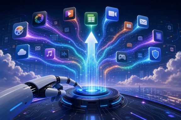 Futuristic AI robot hands connect cloud and software icons through a glowing network data hub.