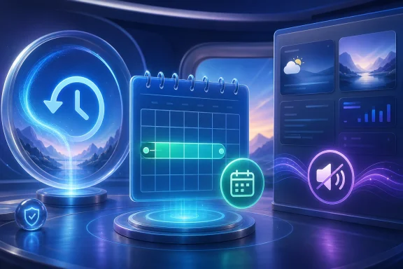 Futuristic neon UI showing calendar, clock, and audio icons on a glowing pedestal.